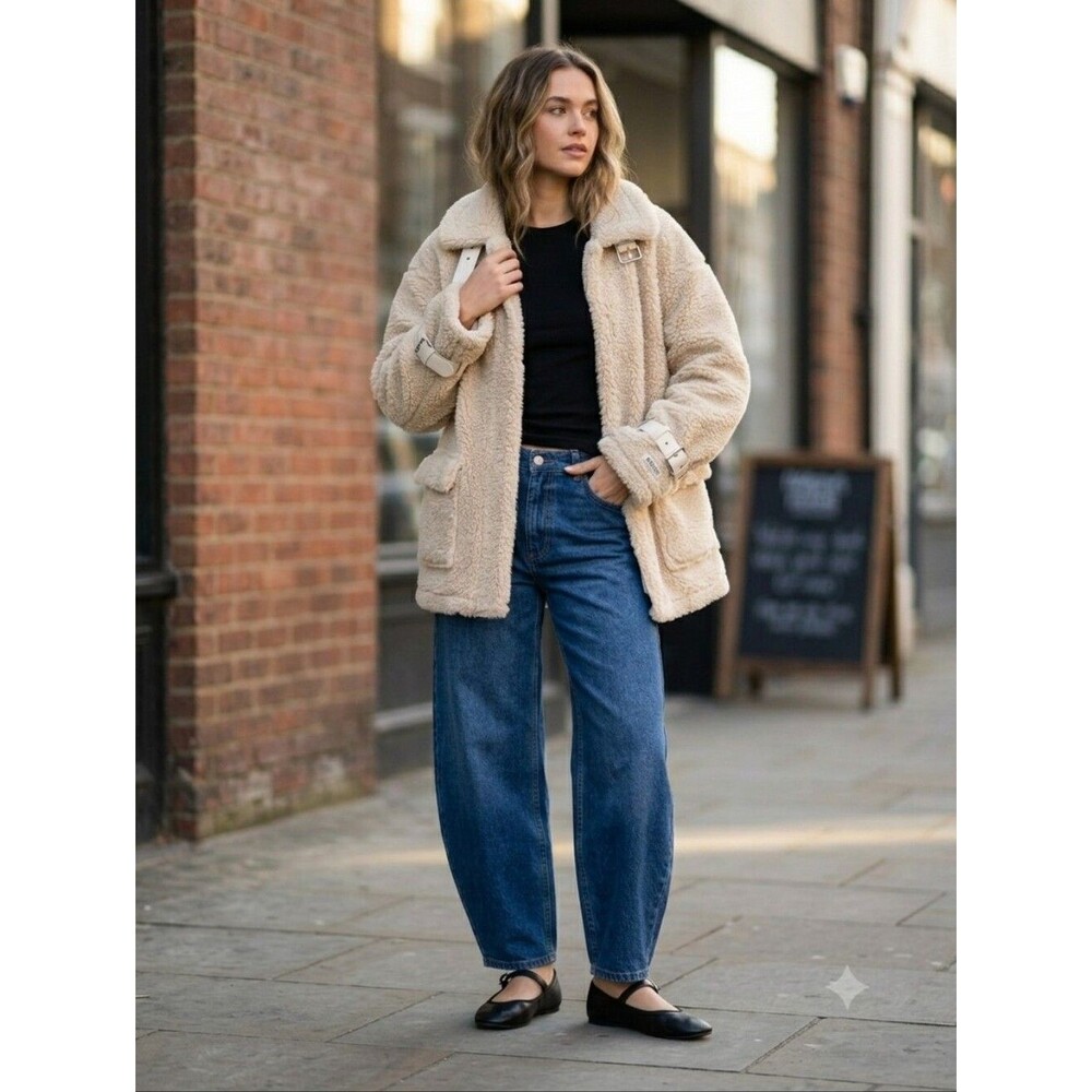 Missguided Borg Aviator Oversized Coat Jacket in Cream Faux Sherpa Size 12